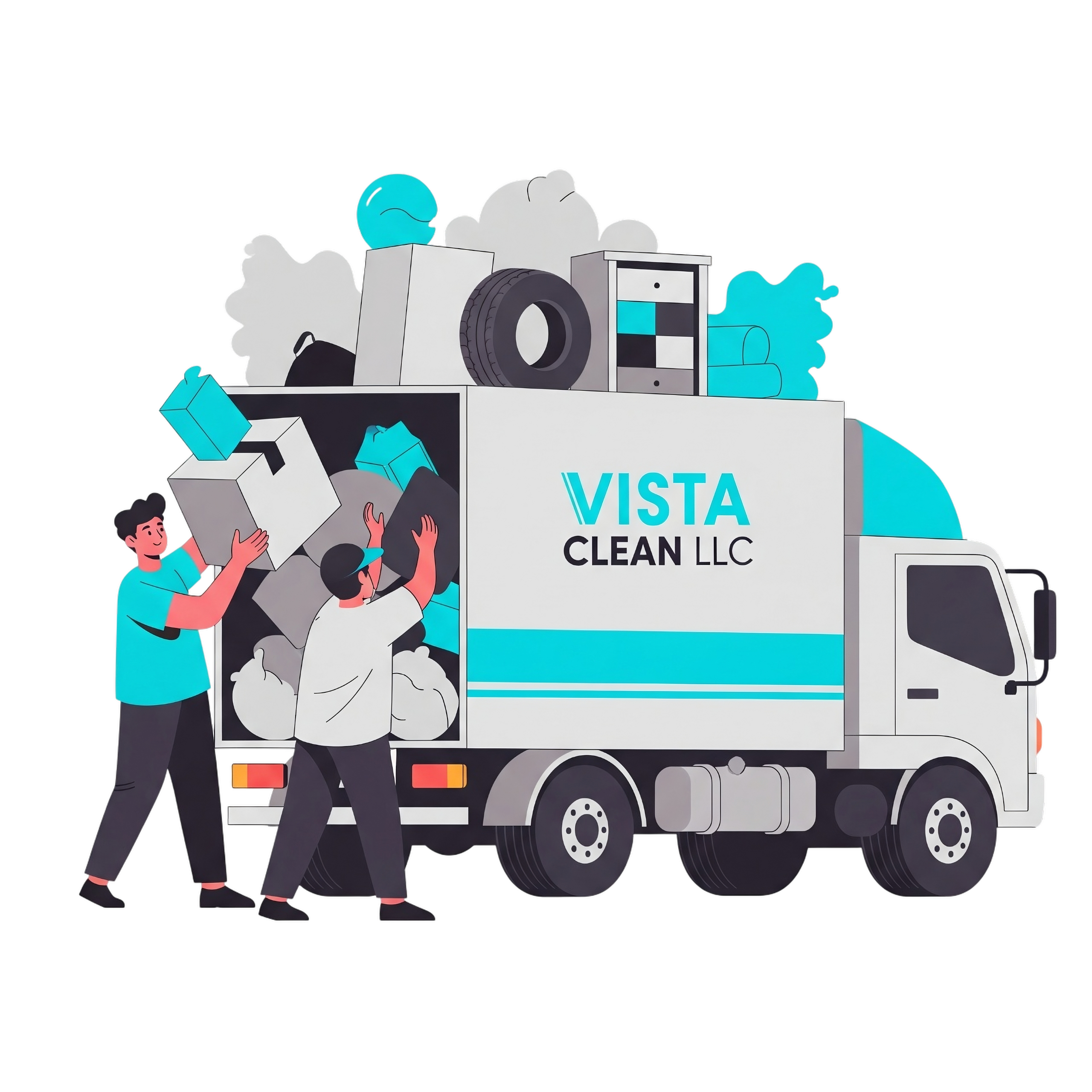 Illustration of professional team loading junk into a truck for removal, Vista Clean LLC